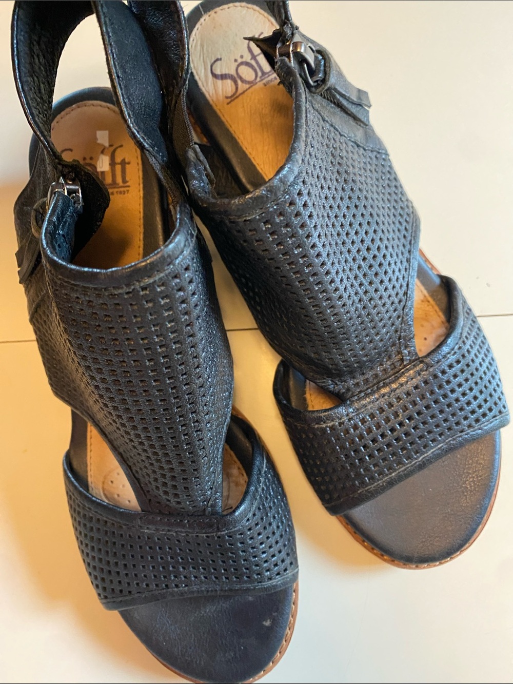 Leather Perforated Black Slingback Heels with Buckle Accent-8M Comfy Dressy Fall